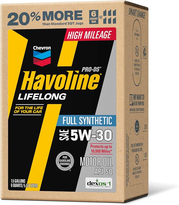 Havoline Motor Oil 5w20 PRO-DS Lifelong Full Synthetic Smart Change Engine Oil, 5W-20, 6 Quarts, Pack of 2
