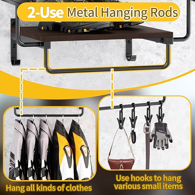 Motorcycle Helmet Holder Wall Mount, Helmet Display Stand, Motorcycle Gear Rack Storage, Helmet and Jacket Holder, Helmet Hanger with 6 Hooks, Motorbike Helmet Accessories (Black)