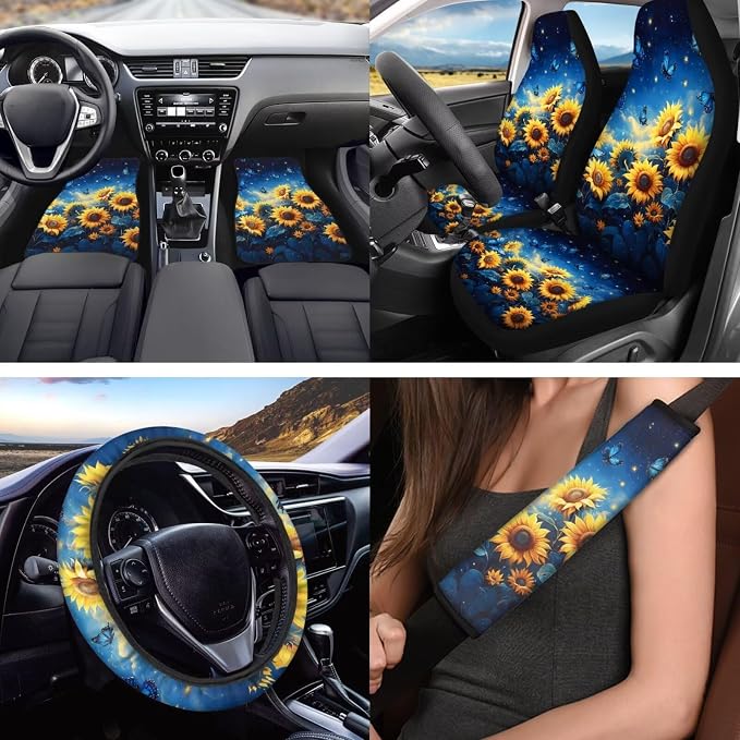Sunflower Butterfly Print Car Seat Covers Car Floor Mats Steering Wheel Cover Armrest Pad Seat Belt Pads Roof Handle Wraps Cup Coasters Keychains Auto Interior Accessories Set of 18
