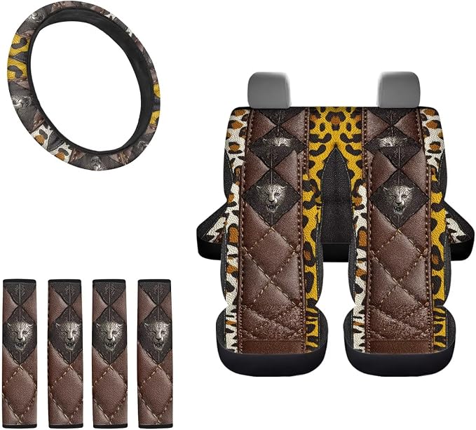 Leopard Print Auto Seat Covers Non Slip Steering Wheel Cover Seatbelt Pads Universal Fit for Cars Trucks SUVs Breathable Car Seat Cover Full Set, Brown