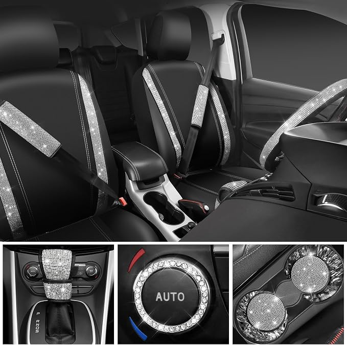 CAR PASS Diamond Bling Leather Seat Covers Set Car Floor Mats Glitter Rhinestone Steering Wheel and Car Interior Accessory Set for Women Silver
