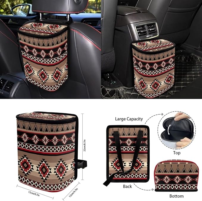 Brown Geometric Aztec Print Car Seat Covers Full Set Front Back Split Bench Protector Car Steering Wheel Cover Seatbelts Pads Coaster Keychains Universal Fit Truck, SUV, or Van Forest Hunting