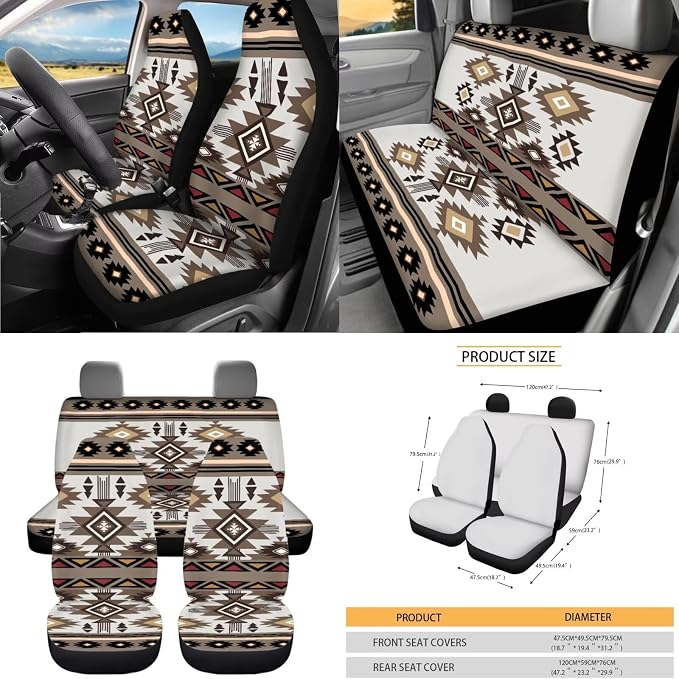 Dreaweet Navajo Seat Covers for Cars Full Set Southwestern Geometric Tribal Steering Wheel Cover Seat Belt Pads Trash Bag Vent Storage Pouch Rear View Mirror Cover Car Coasters Keychain 15 Pcs Set