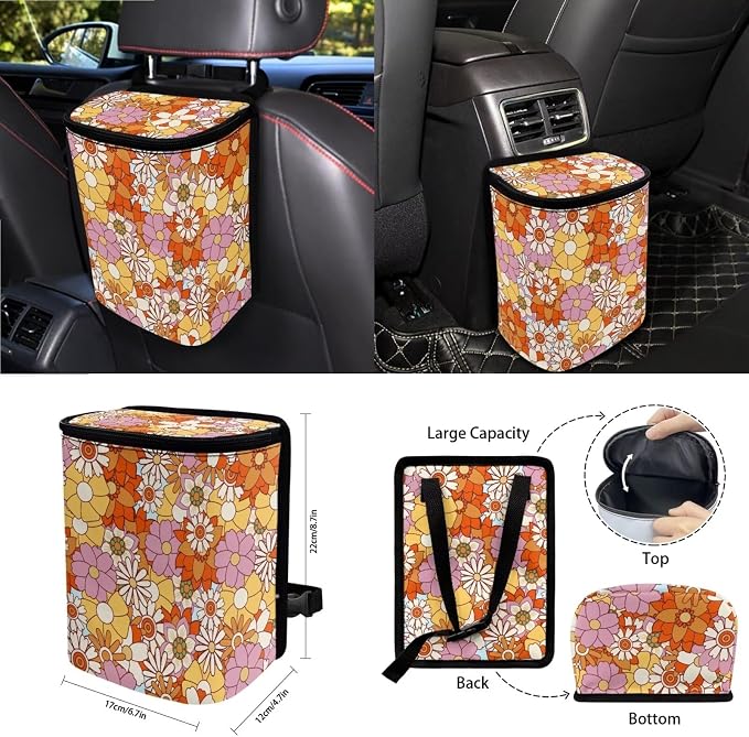 Wanyint Hippie Flower Daisy Car Seat Covers Front Back Seats Set of 15, Steering Wheel Cover Seatbelt Cushion Pad Trash Bin Air Vent Pocket Rearview Mirror Cover Cup Holder Key Chain Car Accessories