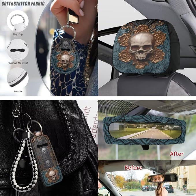 Skull Printed Auto Seat Protector with Armrest Pad Cover Leather Lipstick Holder Keychain Car Coaster Non Slip Car Seat Cover Full Set Auto Accessories Set, Blue