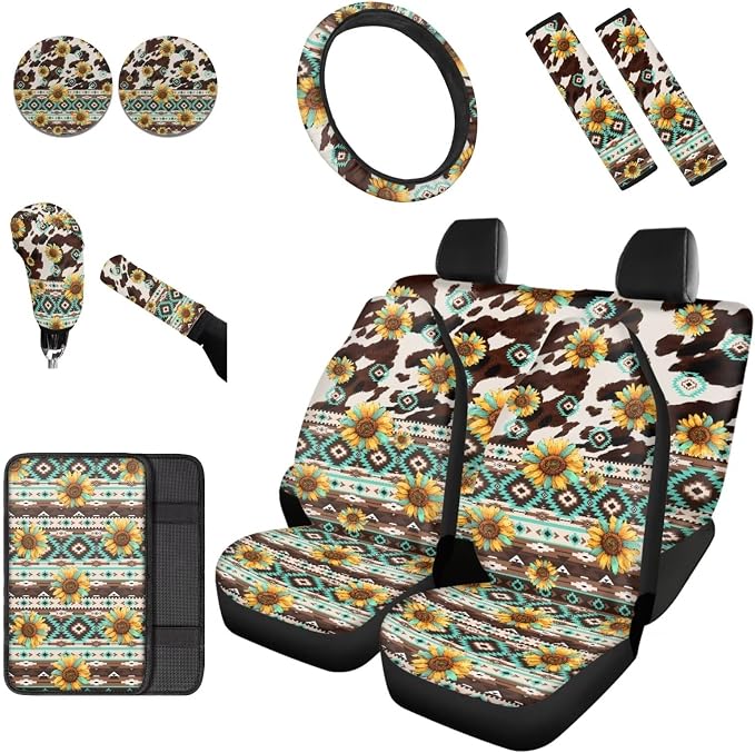 Dreaweet Sunflower Aztec Cow Seat Covers for Trucks SUV Cars Full Set with Car Steering Wheel Cover,Center Console Cover,Car Coasters,Seatbelt Covers,Gear Shift Cover,Handbrake Cover,Set of 12