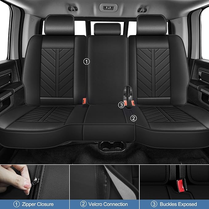 for Dodge RAM 1500 2500 3500 2012-2026 Full Set Seat Covers | Custom Fit Faux Leather Breathable Cooling Truck Bighorn Laramie Tradesman Crew Cab, Leather Seat Protector (5 Seats, Black)
