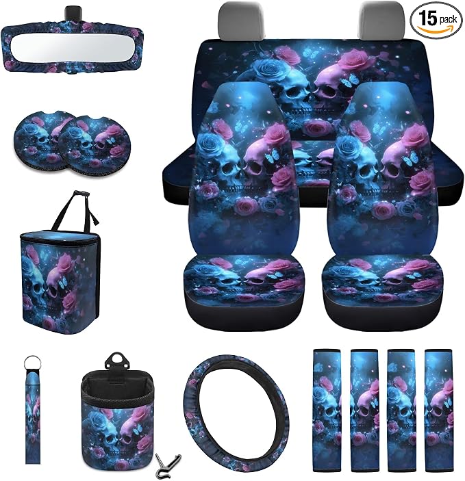 Skull Butterfly Rose Print Car Accessories Set of 15 Car Seat Covers Seatbelt Strap Pad Steering Wheel Cover Air Vent Storage Bag Rear View Mirror Cover Trash Cans Cup Holder Key Chain