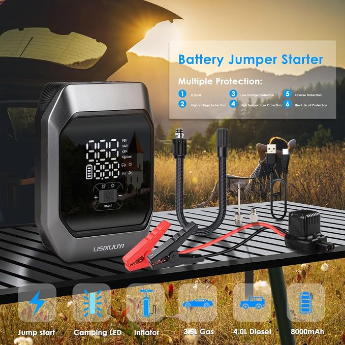 Car Jump Starter with Air Compressor 1000A Peak Auto Battery Booster Pack | 12V Jump Box Portable Smart Battery Charger Tire Inflator 160PSI for Car (3.5L Gas / 4.0L Diesel)