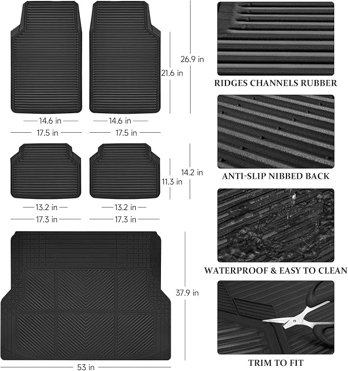 CAR PASS Black Rubber Car Floor Mats & Cargo Liners, All Weather Car Mats & Trunk Mats,Waterproof Automotive Floor Mats Trim to Fit for Most Cars Sedans SUVs Vans, Durable Heavy Duty Anti-Slip,Black