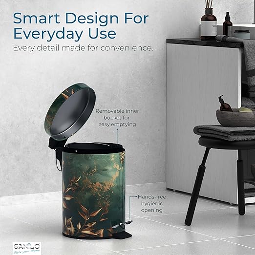Sanilo Small Bathroom Trash Can with Lid [1.3 Gallon] - Lidded Tiny Trashcan for Garbage - Mini Metal Bin with Soft Closing Mechanism - Bath Room Accessoire Wastebin with Inner Bucket (Greego)