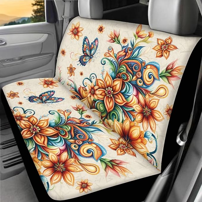 Butterfly Boho Flower Car Seat Covers Full Set Butterfly Flower Car Accessories Set for Women Boho Car Seat Belt Pads Cover Steering Wheel Cover Car Trash Can Car Headrest Covers Universal