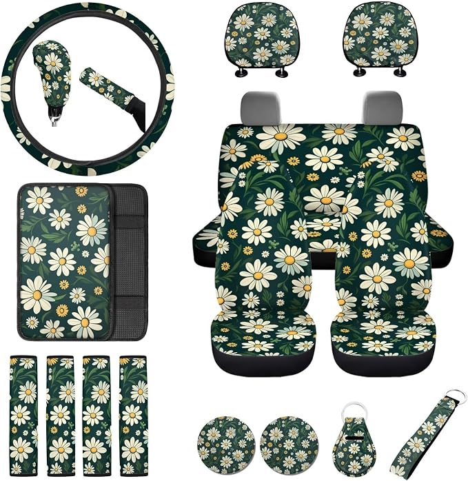 18Pcs Daisy Car Seat Covers Full Set with Steering Wheel Cover Auto Cup Holder for Car Coaster Headrest Cushion,Seatbelt Strap Pad,Center Console Cushion Handbrake Cover Keychain,Green