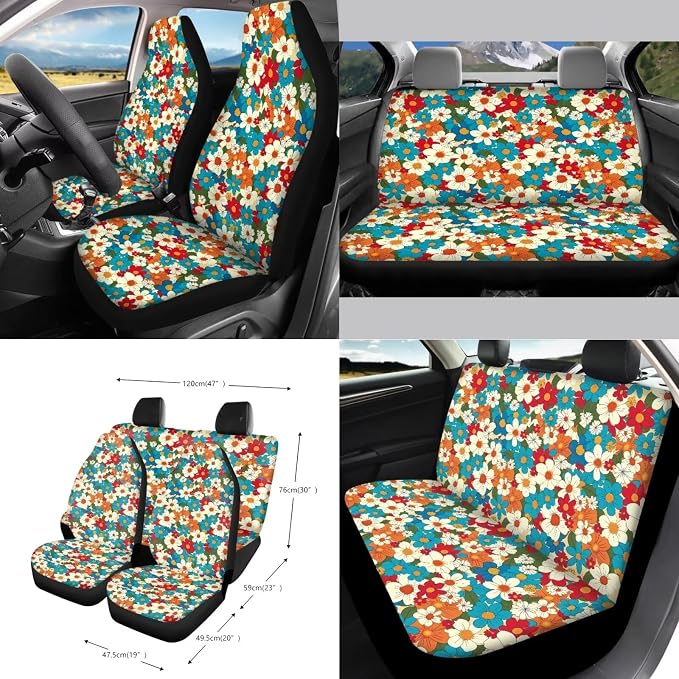 Colorful Hippie Daisy Print 15Pcs Car Seat Cover Full Set Car Steering Wheel Cover Seat Belt Cover Trash Bin Air Vent Storage Box Front Rear View Mirror Car Cup Holder Keychain