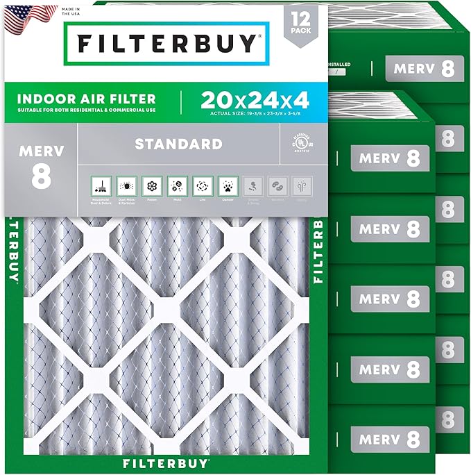 Filterbuy 20x24x4 Air Filter MERV 8 Essential Dust & Allergy Defense (12-Pack), Electrostatic Pleated HVAC AC Furnace Filters Replacement (Actual Size: 19.38 x 23.38 x 3.63)