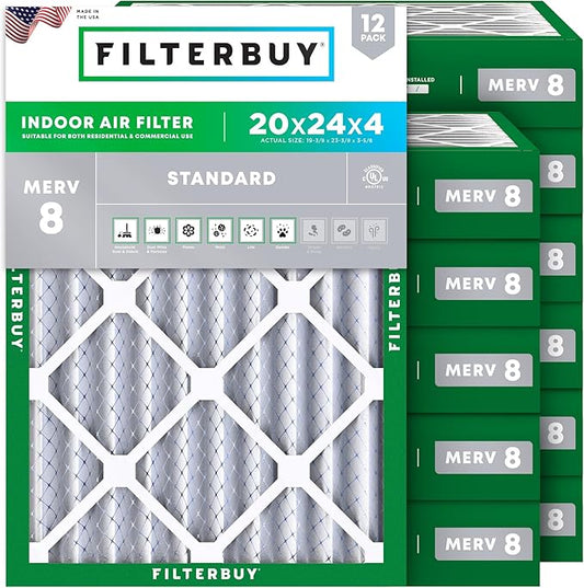 Filterbuy 20x24x4 Air Filter MERV 8 Essential Dust & Allergy Defense (12-Pack), Electrostatic Pleated HVAC AC Furnace Filters Replacement (Actual Size: 19.38 x 23.38 x 3.63)