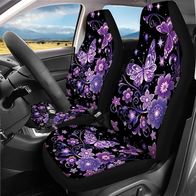Purple Butterfly Car Seat Covers Full Sets of 18 Pcs Butterfly Flower Car Accessories Set Soft Car Seat Belt Pads Cover Car Headrest Covers Steering Wheel Wrap Coasters,Universal Fit