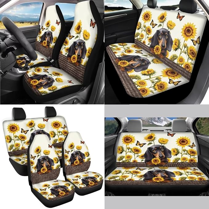 Dachshund Sunflower Butterfly Pattern Car Accessories Pack of 13, Front and Rear Seat Covers Full Set, 1 Steering Wheel Cover 4 Safe Belt Covers 4 Coasters Universal Fit for Auto SUV Truck