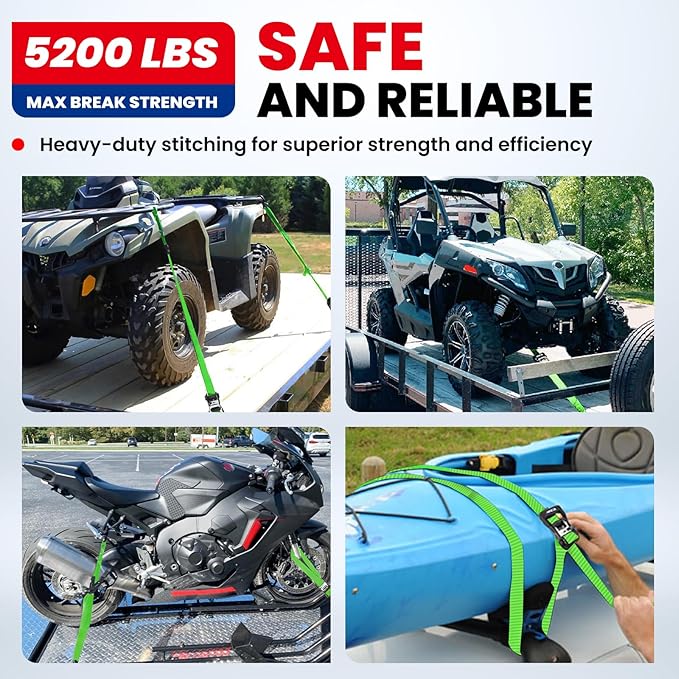 MOCA Green Heavy Duty Ratchet Tie Down Straps - 5,200 Lbs Breaking Strength 1.6" x 8', with 4 Heavy Duty Ratchet Padded Handles & Coated Chromoly S Hooks & 4 Soft Loop Tie-Downs (Green)