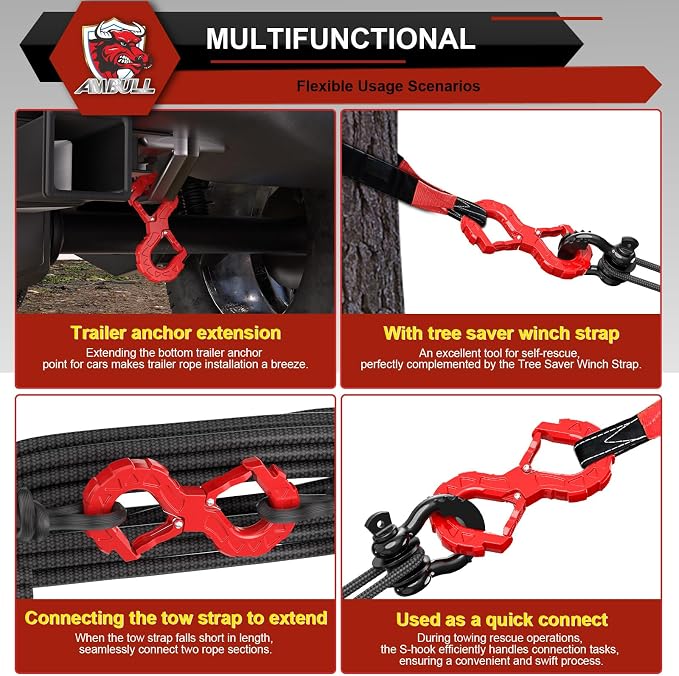 3/4" Easy Open D Ring Separate Shackles (17,600 lbs WLL) with 3/8" G80 S Shaped Tow Hook (11,200 lbs WLL) Off-Road Recovery Kit, Heavy Duty Winch Towing Combo, Black Red