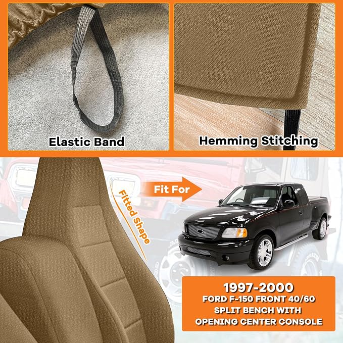 Truck Seat Cover Fit for 1997-2000 Ford F-150, Tan | Front 40/60 Split Bench with Opening Center Console, Not with Airbags Next to The Headrest