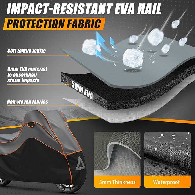 Specialized Hail Protector Motorcycle Cover, Multi-Layered Motorcycle Hail Blankets Protector Cover with 5mm Thick High Density EVA Cushioning Foam Pad and Reflective Stripes, 110L x 43W x 57H in