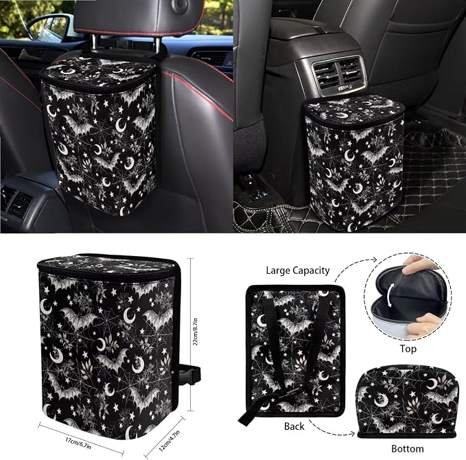 Spider Web Moon Car Seat Covers 15Pcs Full Set Car Steering Wheel Cover Seat Belt Cover Trash Bin Air Vent Storage Box Rear View Mirror Car Cup Holder Keychain Halloween Decor