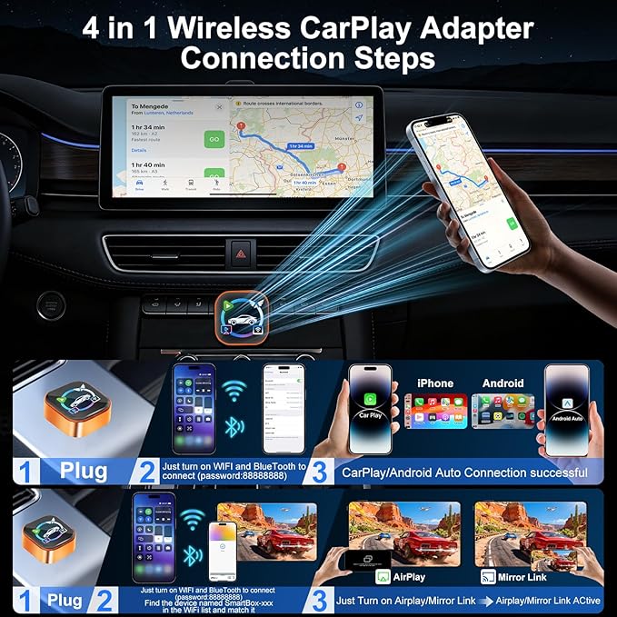 Wireless CarPlay Adapter 4 in 1 Car Screen Mirroring Adapter to Play TV on Car Screen for iPhone & Android, Upgrade Support Airplay&Mirror Link,CarPlay&Android Auto,Wired to Wireless,Plug and Play