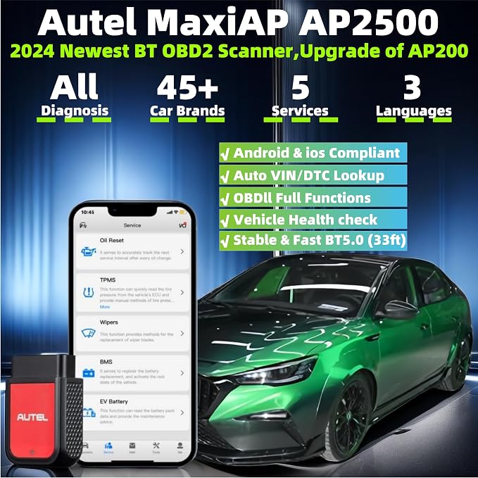 Autel MaxiAP AP2500 OBD2 Scanner Bluetooth Code Reader, Upgrade of AP200/AP200C/AP200H/AP200M, Better AP2500E, Auto Scanner Car Scan Tool, 5 DIY Servies, 45+ Car Brands, Compatible Android/iOS Phones