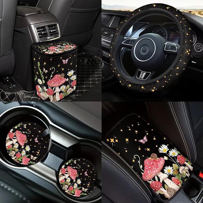Mushroom Car Interior Accessories Set 18 Pcs Mushroom Print Car Seat Covers Full Set with Car Trash Can Car Headrest Covers Steering Wheel Cover Armrest Box Pad Handbrake Cover Universal