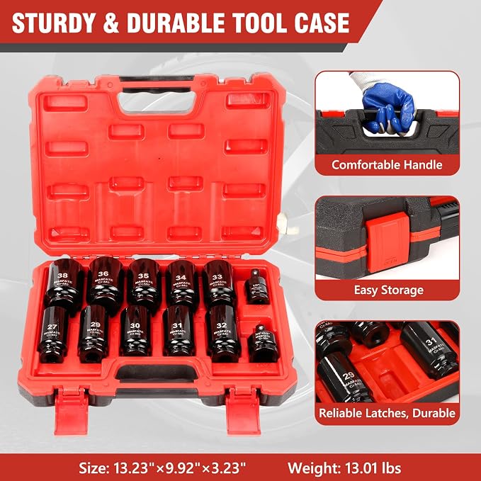 1/2" Metric Impact Socket Set 12PCS, CR-MO, 6-Point,27-38mm | 78mm Deep Socket set, Includes 3/4" to 1/2" Adapter & U-Joint. Ideal heavy-duty kit for car and truck lug nut repair