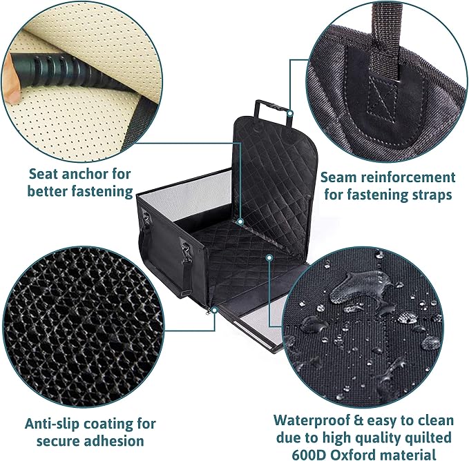 Dog Car Seat for Front Seat – 17.7165" x 17.7165" x 22.8346" and 12.9921" on the Sides – Quilted seat Surface and Anti-Slip Coating + Free: Foldable Bowl
