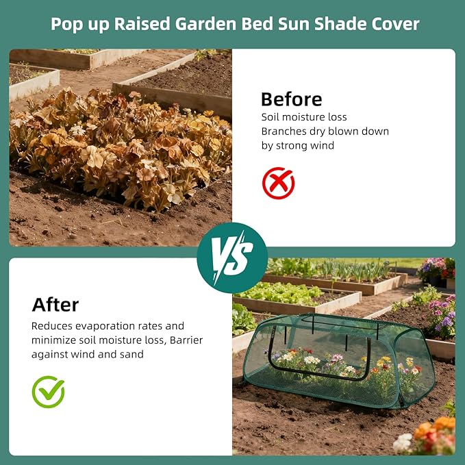 Pop-Up Mesh Garden Cover for Raised Beds – 2-Pack Outdoor Plant Cage with 30% Sun Shade & Insect Protection, Zip Window, Foldable Crop Tent for Seedlings, Wildlife, Includes 8 Stakes
