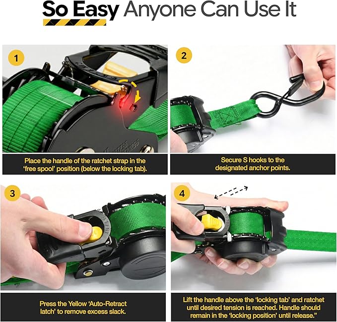 AUGO Retractable Ratchet Straps | 2 Heavy Duty Ratchet Straps Self Retractable Tie Downs with Soft Loops & Storage Bag for Motorcycle, Truck, Trailer, Cargo Van | 1200 Lb Break Strength 1” x 10’