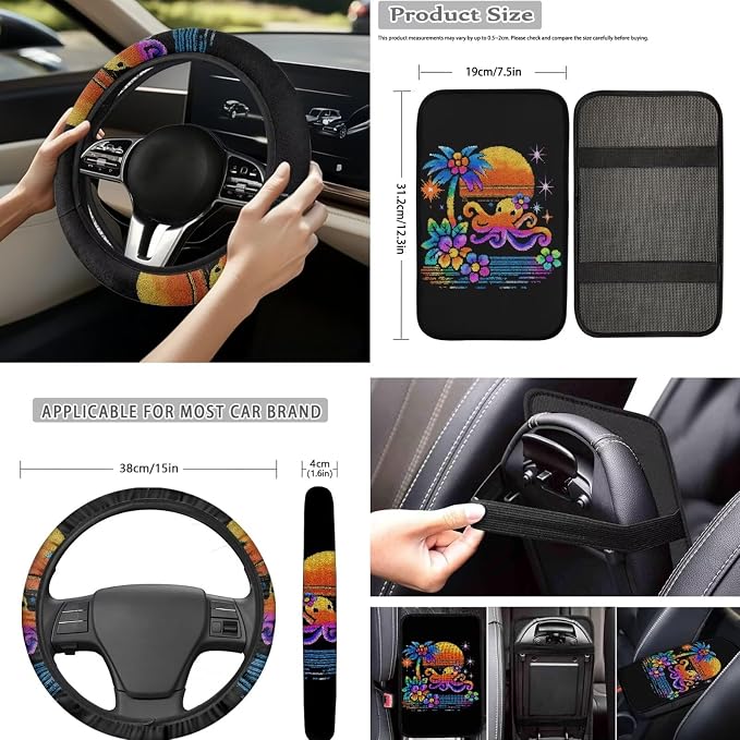 Forchrinse Hawaiian Octopus Car Seat Covers Full Set for Women Men Front Back Seat Cover Steering Wheel Cover Seatbelt Pads Handbrake Gearshift Cover Garbage Can 15Pack Auto Accessories