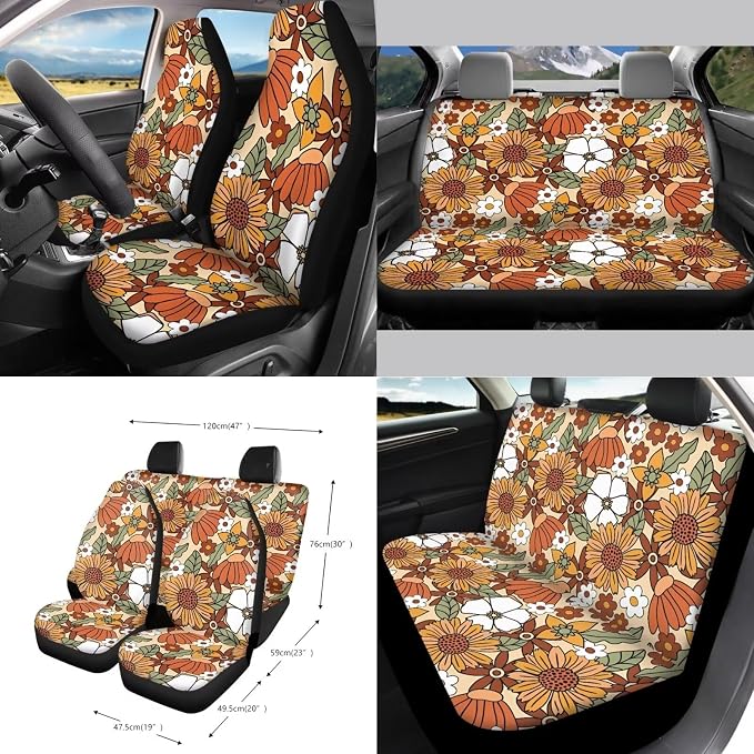 Vintage Sunflower Daisy Print Car Seat Covers 15Pcs Full Set Car Steering Wheel Cover Seat Belt Cover Trash Bin Air Vent Storage Box Rear View Mirror Car Cup Holder Keychain