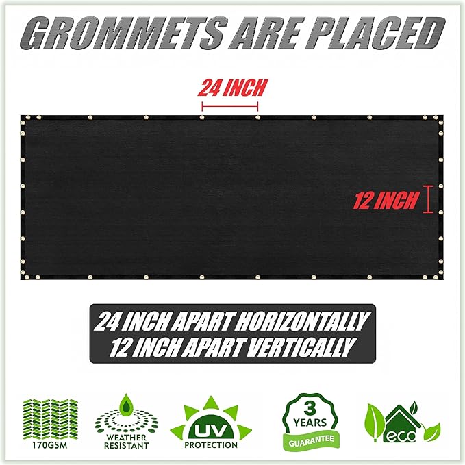 ColourTree Customized Size 6' x 20' Black Fence Screen Privacy Screen - Commercial Grade 170 GSM - Heavy Duty - 3 Years Warranty - Cable Zip Ties Included