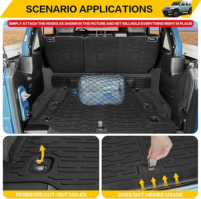 Cargo Mats & Trunk Net for 2021-2024 Jeep Wrangler JL 4XE Trunk Mat Backrest Liner with Cargo Net All Weather Anti-Slip Rear Back Seat Mats Cargo Net for Wrangler JL 4XE 4 Door Accessories