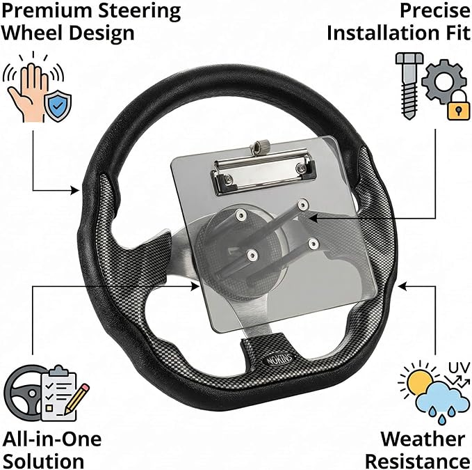 NOKINS 12.5" Universal Golf Cart Steering Wheel&Scorecard Holder, Fit EZGO TXT/RXV/Club Car DS/Precedent/Yamaha, Most Golf Carts (D Shape Carbon Fiber Black)