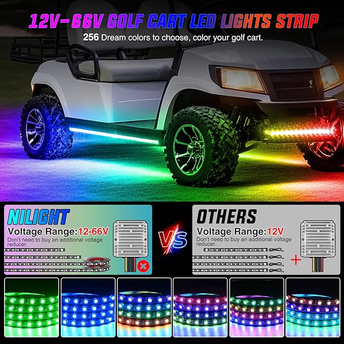 Nilight 4PCS Golf Cart Underglow LED Light Strip Dream Color Multi-Mode Neon Accent Lighting Kit APP and Remote Control Sound Active Music Sync IP67 Waterproof 12V-66V Input for EZGO Yamaha Club Car