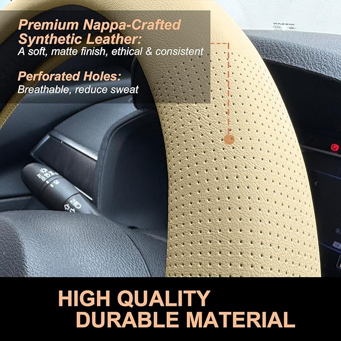 PINCTROT D Shaped Nappa Leather Steering Wheel Cover, Slim Fit No Bulk Design, One Piece Leather with Breathable Perforation, Fit Like Gloves, Flat Bottom 14.5-15 Inch(Nappa Light Taupe)
