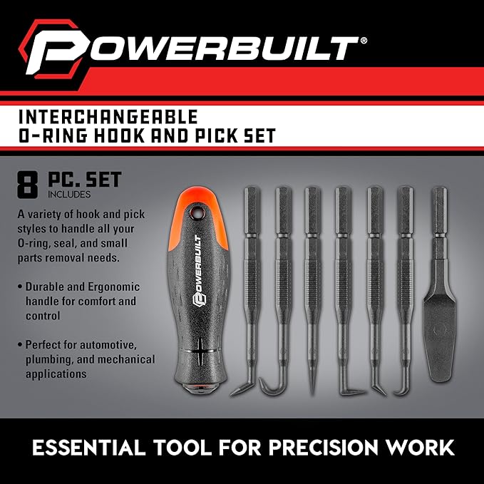 Powerbuilt O-Ring Hook and Pick Set, 7 Interchangeable Picks with Double Injection Handle, Cars, Machinery, Plumbing - 643063ECE