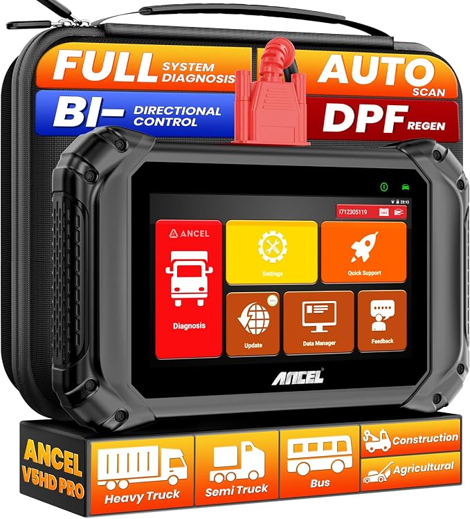ANCEL V5HD PRO Heavy Duty Truck Scanner, Diesel Diagnostic Tool with DPF Regen & Bi-Directional Control, Full System Scan for Cummins Detroit Caterpillar Volvo Paccar, for Fleets & Truck Owners