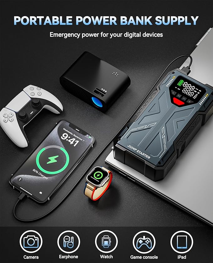 Upgraded Car Battery Jump Starter, High Power 4000A Jump Box with Air Compressor, 12V Portable Car Battery Charger & 150PSI Tire Inflator, Emergency Kit with Smart Jumper Cables(9.0L Gas/8.0L Diesel)