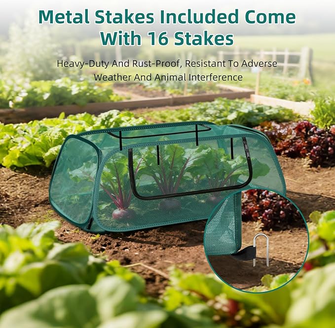 Pop-Up Mesh Garden Cover for Raised Beds – 2-Pack Outdoor Plant Cage with 30% Sun Shade & Insect Protection, Zip Window, Foldable Crop Tent for Seedlings, Wildlife, Includes 8 Stakes