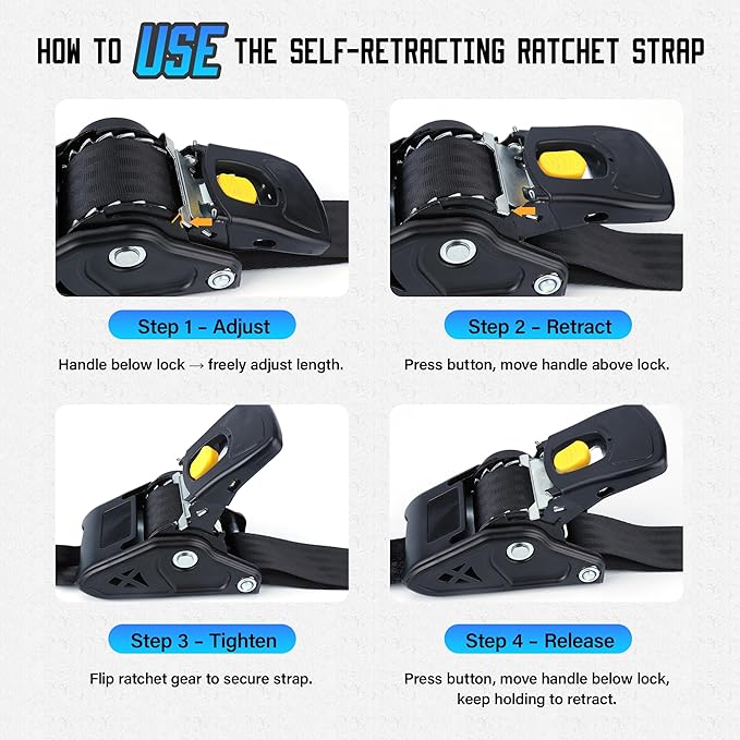 Retractable Ratchet Straps, 2'' x 10FT Self Retracting Ratchet Straps Heavy Duty with Soft Loops, 2204lb Break Strength Auto Tie Down Straps Easy Retract for Motorcycle, Truck, Cargo, 2 Pack