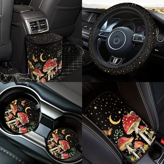 Mushroom Print Car Seat Covers Full Sets 18 Pieces Mushroom Car Interior Accessories with Car Headrest Covers Anti Slip Car Seat Belt Pads Cover Leakproof Auto Trash Can Steering Wheel Cover