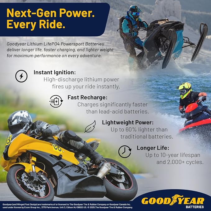Goodyear GYTX14AH-LI Lithium LiFePO4 12.8V 400CCA Rechargeable High Performance Powersport Battery with Smart BMS Replacement for Motorcycle, ATV, UTV, Scooter, Watercraft, Jet Ski, and Snowmobile