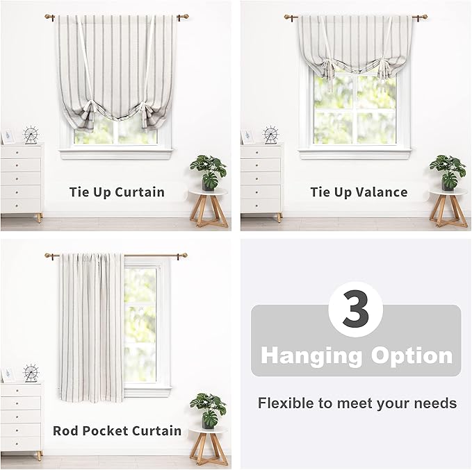 DriftAway Farmhouse Double Layer Linen Blackout Tie Up Curtains Thermal Insulated Vertical Striped Fully Lined Balloon Roman Shade Bathroom Window Adjustable Rod Pocket 31 Inch by 47 Inch Gray