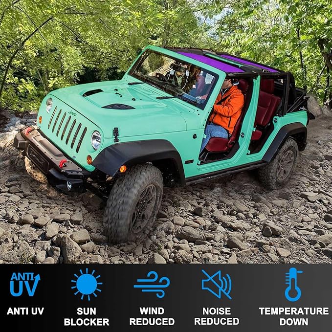JK Sun Shade Top Compatible with Jeep Wrangler 4 Door 2007 to 2018 Sunshade Sunroof Bikini Cover Blocks UV Wind Noise Purple Mesh for Front and Rear 2 pcs